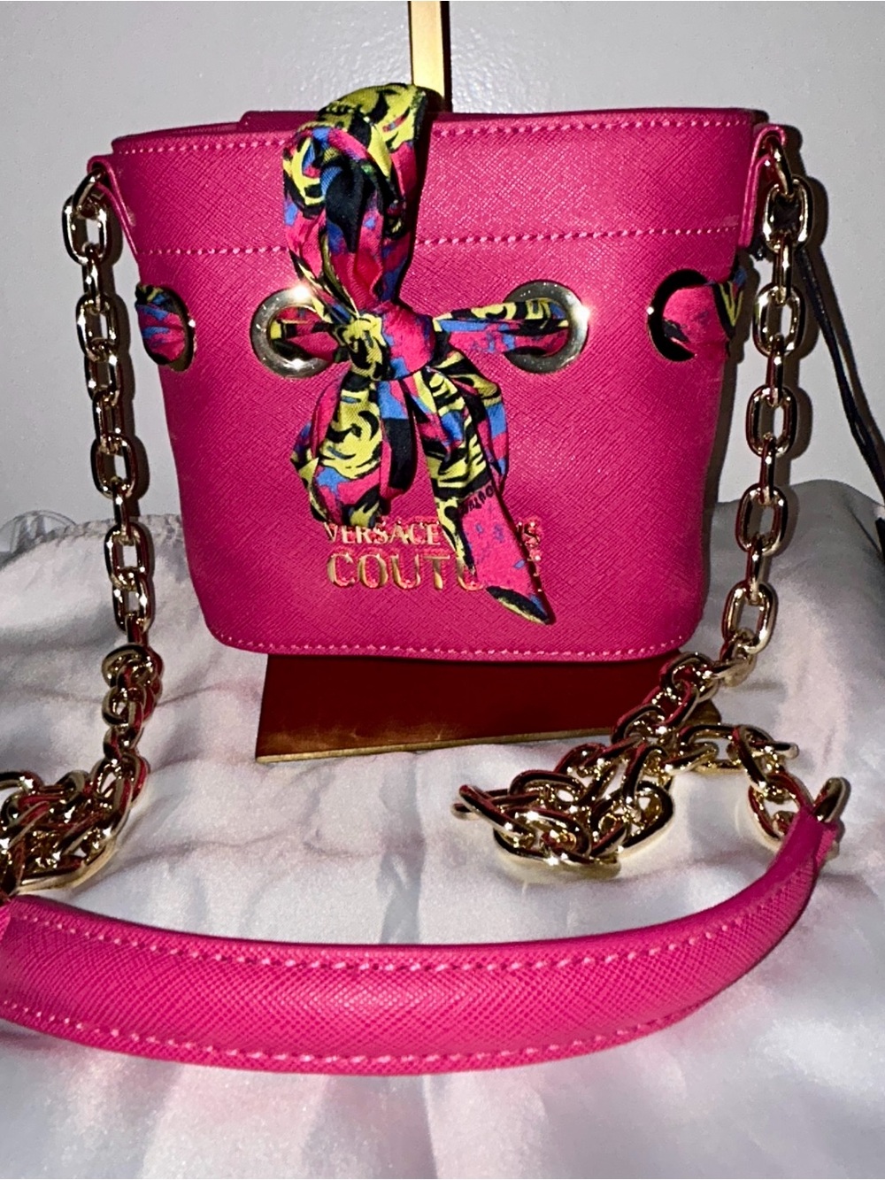 Versace Jeans Couture Cross Body Bag with Knotted Scarf in Fuchsia NWT - Picture 10 of 12